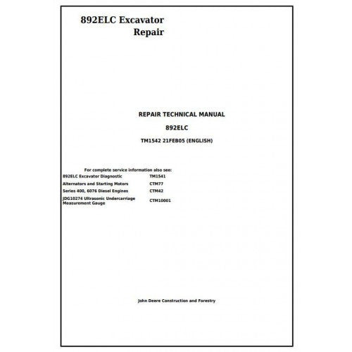 Download John Deere 892ELC Excavator - (TM1542) Service Repair Technical Manual