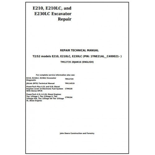 Download John Deere E210, E210LC and E230LC (T2/S2) Excavator - (TM12735) Service Repair Technical Manual