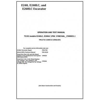 Download John Deere E240, E240LC, E260LC (T3/S3A) Excavator - (TM12732) Diagnostic, Operation and Test Manual