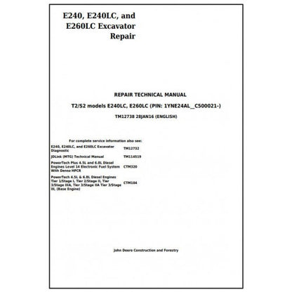 Download John Deere E240, E240LC and E260LC (T3/S3A) Excavator - (TM12738) Service Repair Technical Manual
