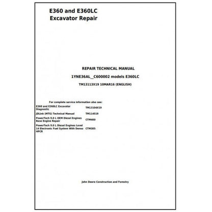 Download John Deere E360 and E360LC Excavator - (TM13113X19) Service Repair Manual