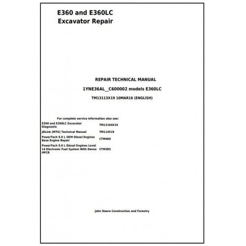 Download John Deere E360 and E360LC Excavator - (TM13113X19) Service Repair Manual