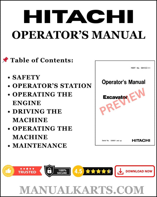 Hitachi ZX120-3class, ZX180-3class, ZX200-3class, ZX270-3class, ZX330-3class Hydraulic Excavator Pdf Operator Manual (EM1U1-3-2, EM1U1-EN3-1, EM1U1-EN3-2, EM1U1-EN3-5)