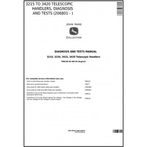 John Deere 3215, 3220, 3415, 3420 Telescopic Handler Diagnostic, Operation and Tests Manual Pdf - TM8108