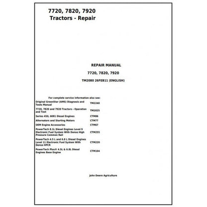 John Deere 7720, 7820, 7920 Tractor (TM2080) Service Technical Manual 