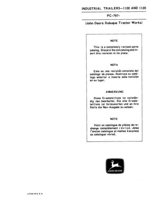 John Deere 1100, 1120 Attachments (SN John Deere Industrial Trailer (YR 1962 – ) Parts Catalog Manual – PC797