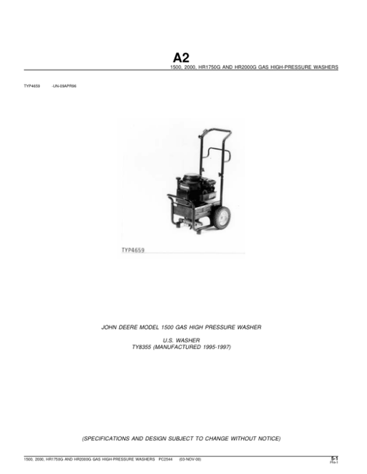 John Deere 1500, 2000, HR1750G, HR2000G GAS High-Pressure Washers Parts Catalog Manual – PC2544