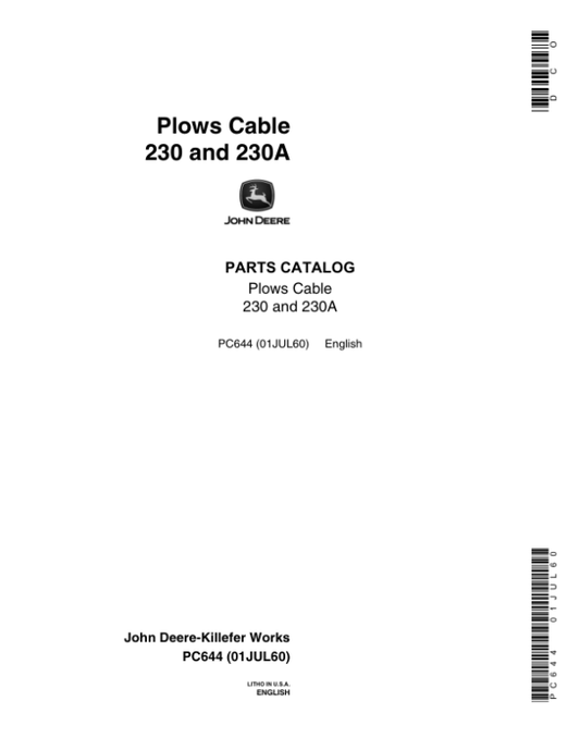 John Deere 230, 230A Attachments (See description) Parts Catalog Manual – PC644