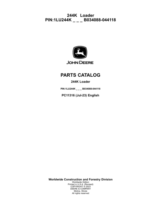 John Deere 244K Loaders (SN B034088-044118) Parts Catalog Manual – PC11316