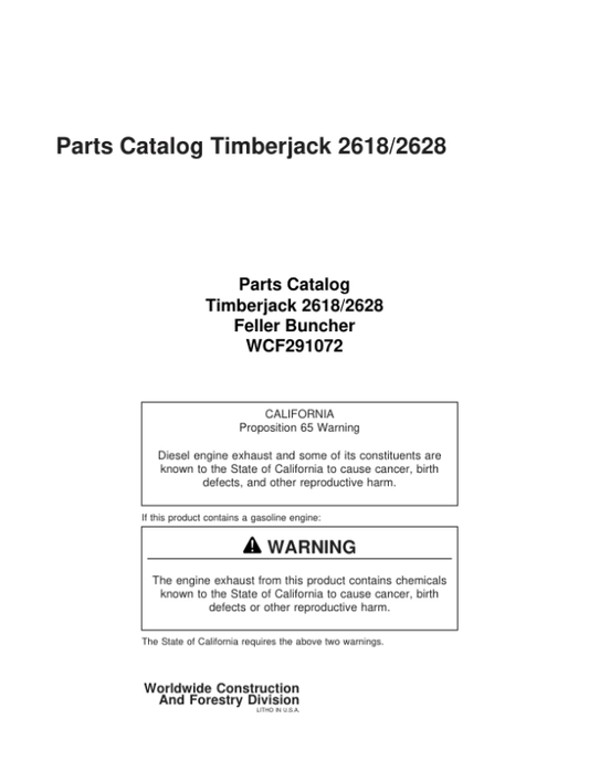John Deere 2618, 2628 Tracked Feller Bunchers (SN 997416- ) Parts Catalog Manual – WCF291072