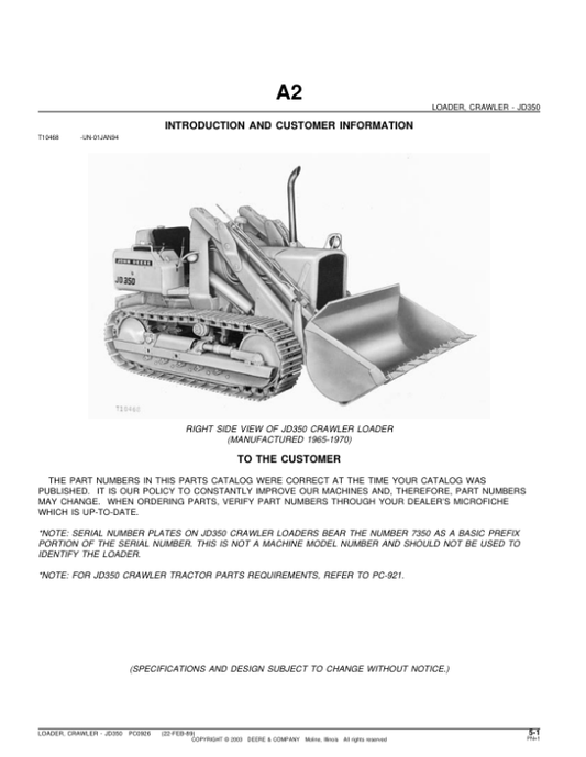 John Deere 350 Attachments (350 Crawler Loader Attachment Only (YR 1965-1970) Parts Catalog Manual – PC926