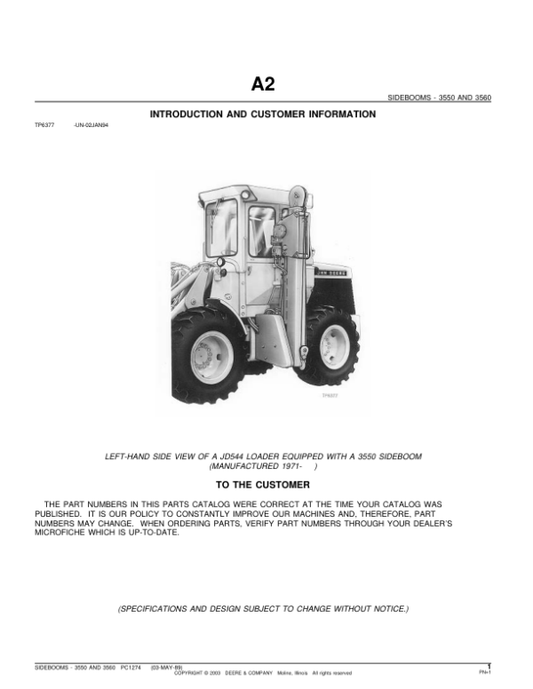 John Deere 3550, 3560 Attachments (JD544 Loader with 3550 SideBoom (YR 1971- ) Parts Catalog Manual – PC1274
