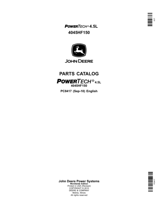 John Deere 4.5L, 4045HF150 Engines Parts Catalog Manual – PC8417