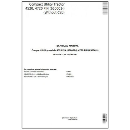 John Deere 4520, 4720 Compact Utility Tractor Service Manual Pdf - TM105119