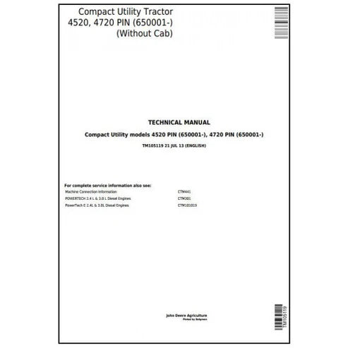 John Deere 4520, 4720 Compact Utility Tractor Service Manual Pdf - TM105119