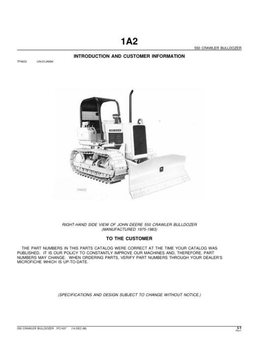 John Deere 550 Crawlers Parts Catalog Manual – PC1437
