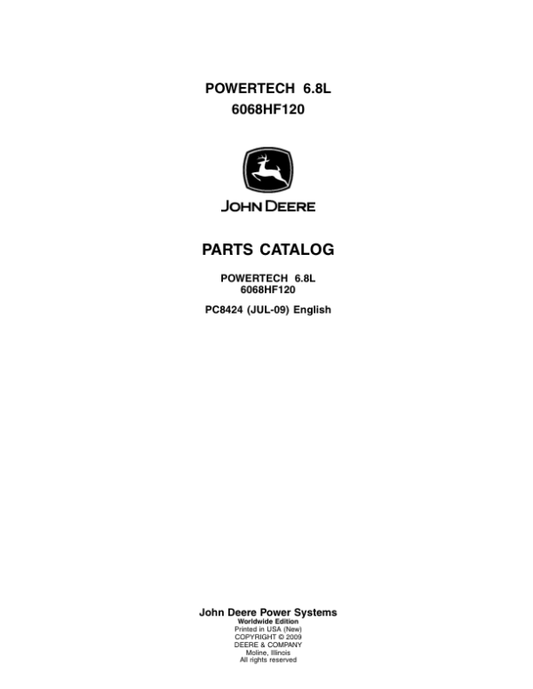 John Deere 6.8L, 6068HF120 Engines Parts Catalog Manual – PC8424