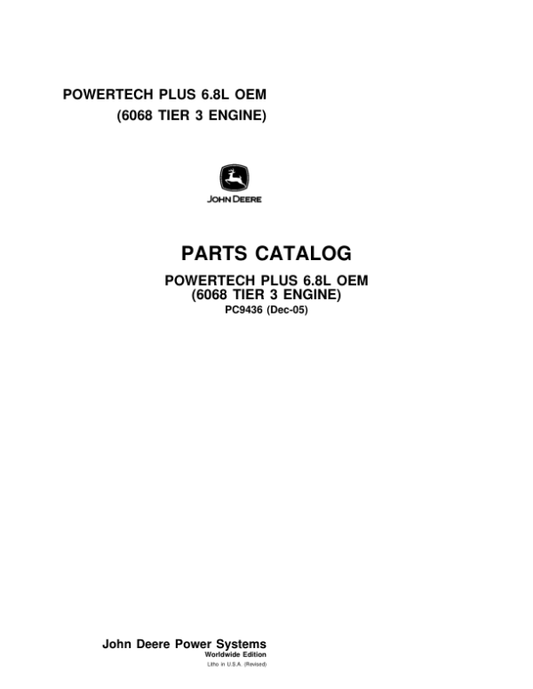 John Deere 6.8L, 6068HF485 Engines Parts Catalog Manual – PC9436