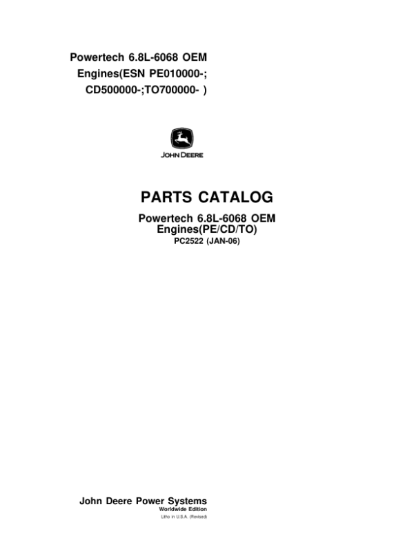 John Deere 6.8L Engines (see description for applicable model) Parts Catalog Manual – PC2522