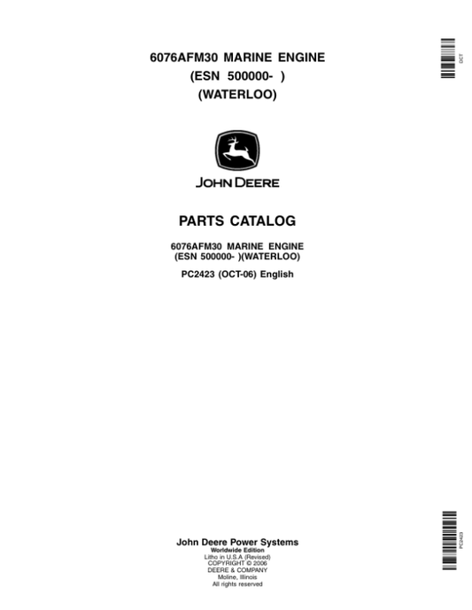 John Deere 6076AFM30 Marine Engines (SN S.N. after 500000-) Parts Catalog Manual – PC2423