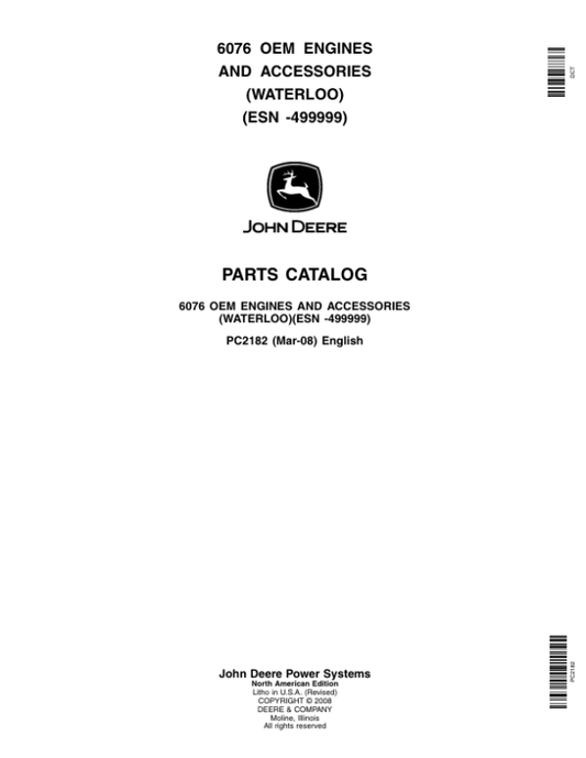 John Deere 6076 Engines (SN S.N before – 499999 (WATERLOO) Parts Catalog Manual – PC2182
