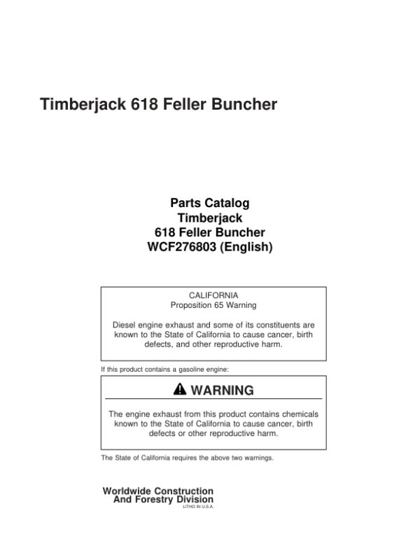John Deere 618 Tracked Feller Bunchers (SN CI9147–) Parts Catalog Manual – WCF276803