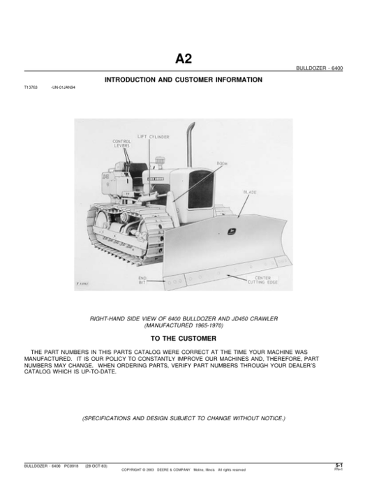 John Deere 6400, 450 Attachments Parts Catalog Manual – PC918