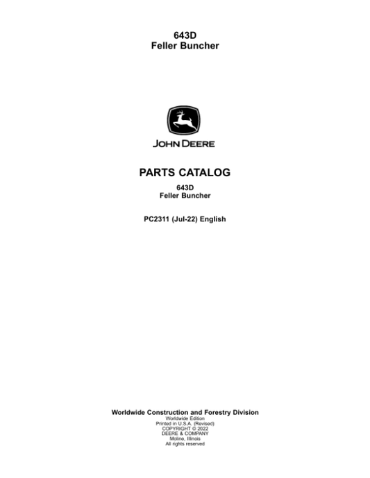 John Deere 643D Wheeled Feller Bunchers Parts Catalog Manual – PC2311