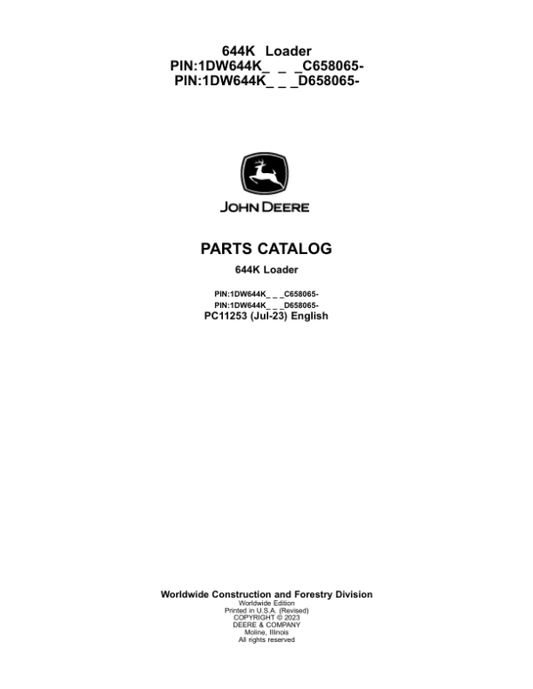 John Deere 644K Loaders (SN C658065- & D658065-) Parts Catalog Manual – PC11253