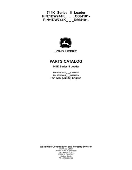 John Deere 744K Series II Loaders (SN C664101- & D664101-) Parts Catalog Manual – PC11289