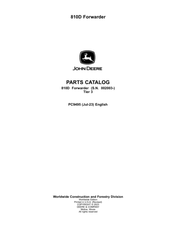 John Deere 810D T3 Forwarders (SN 002003-) Parts Catalog Manual – PC9495