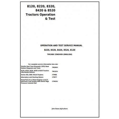 Download John Deere 8120, 8220, 8320, 8420, 8520 Tractor (TM1980) Diagnostic, Operation and Test Service Manual