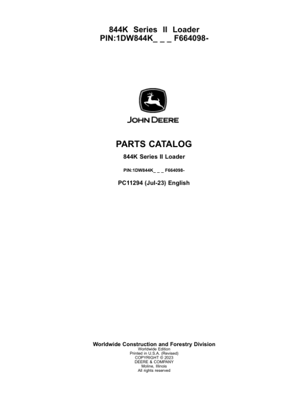 John Deere 844K Series II Crawlers (SN 1DW844K_ F664098-) Parts Catalog Manual – PC11294