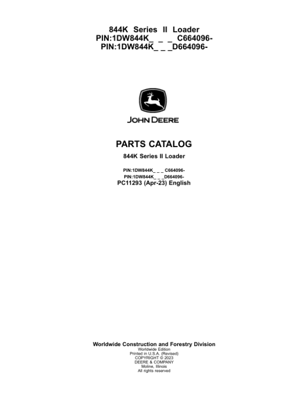 John Deere 844K Series II Crawlers (SN C664096- & D664096-) Parts Catalog Manual – PC11293