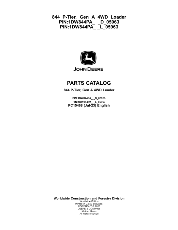 John Deere 844 P Loaders (SN D_05963- & L_05963-) Parts Catalog Manual – PC15468