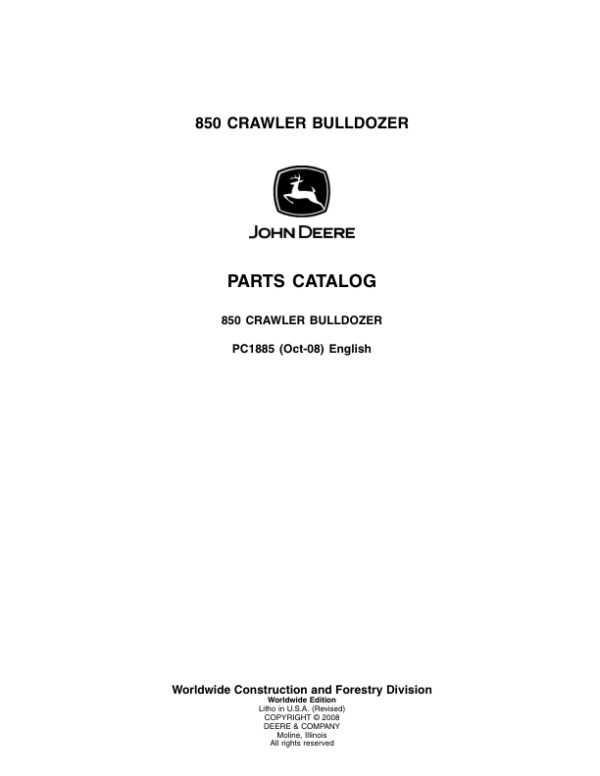 John Deere 850 Crawlers Parts Catalog Manual – PC1885