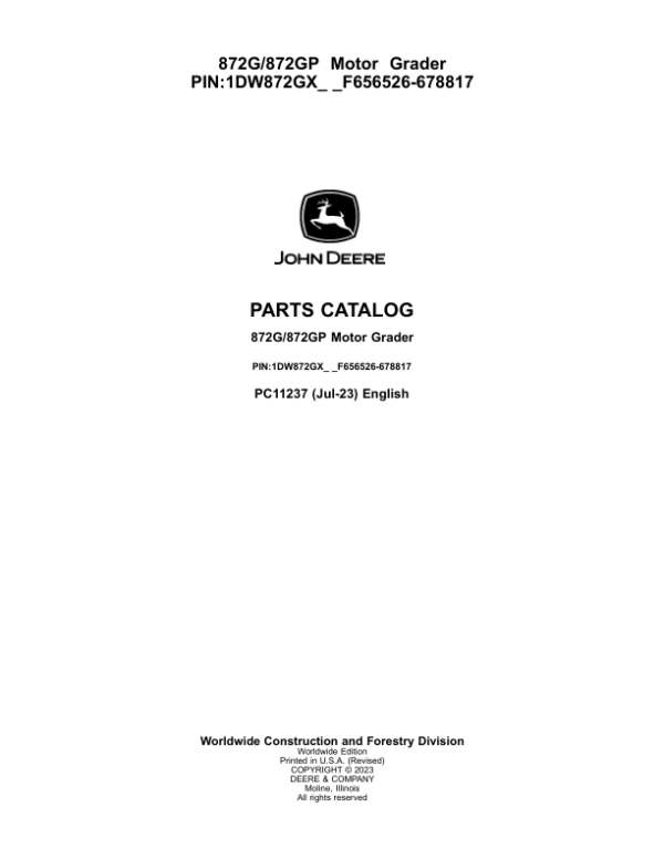 John Deere 870G, 872GP Graders (SN F656526-) Parts Catalog Manual – PC11237