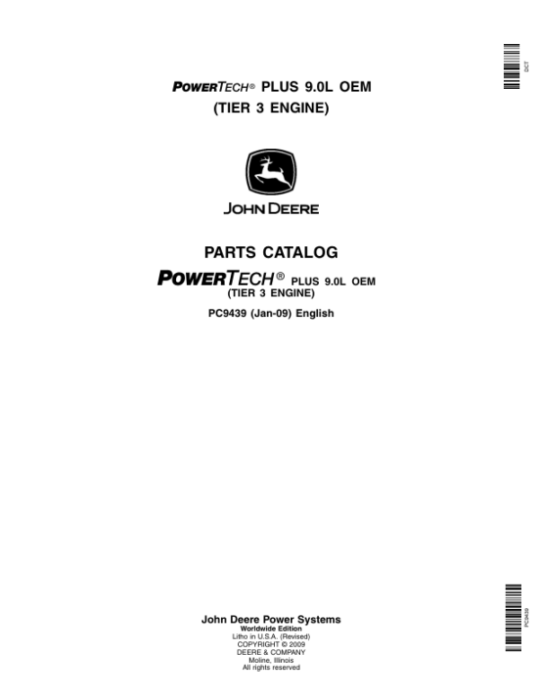 John Deere 9.0L, 6090 Engines TIER 3 – 6090HF485 Parts Catalog Manual – PC9439