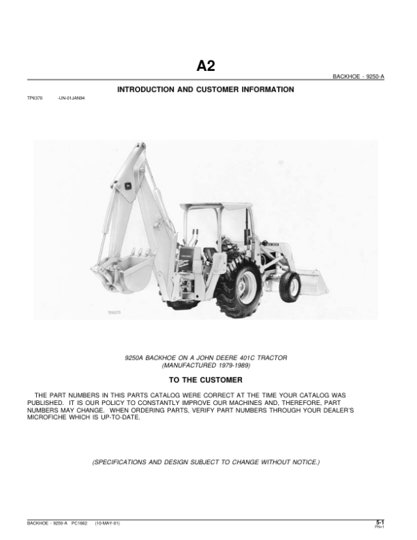 John Deere 9250A Attachments (SN 9250A BACKHOE ON A JD 401C TRACTOR (YR 1979-1989) Parts Catalog Manual – PC1662