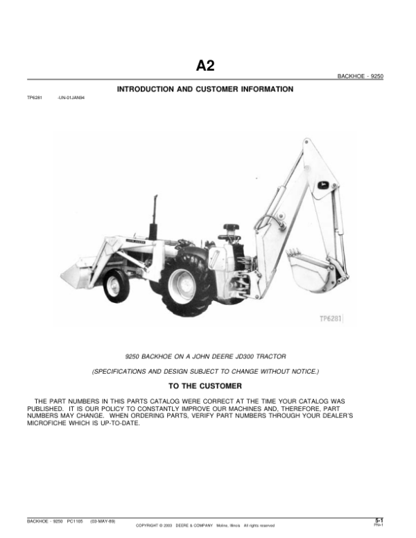 John Deere 9250 Attachments (SN 9250 Backhoe on a JD300 Tractor) Parts Catalog Manual – PC1105