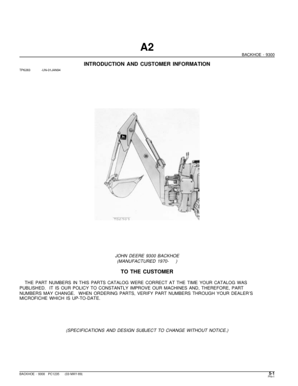 John Deere 9300 Attachments (9300 BACKHOE (MANUFACTURED 1970- ) Parts Catalog Manual – PC1235