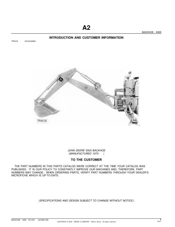 John Deere 9305 Attachments (9305 BACKHOE (MANUFACTURED 1973- ) Parts Catalog Manual