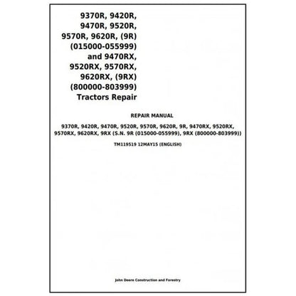 John Deere 9370R, 9420R, 9470R, 9520R, 9570R, 9620R, 9470RX, 9520RX, 9570RX, 9620RX Tractor Technical Manual Pdf - TM119519