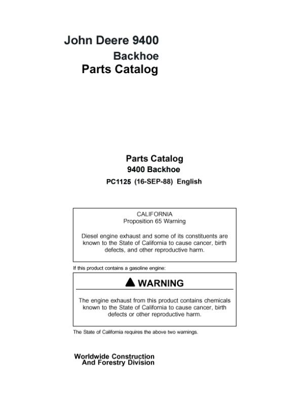 John Deere 9400 Backhoe Attachments Parts Catalog Manual – PC1125