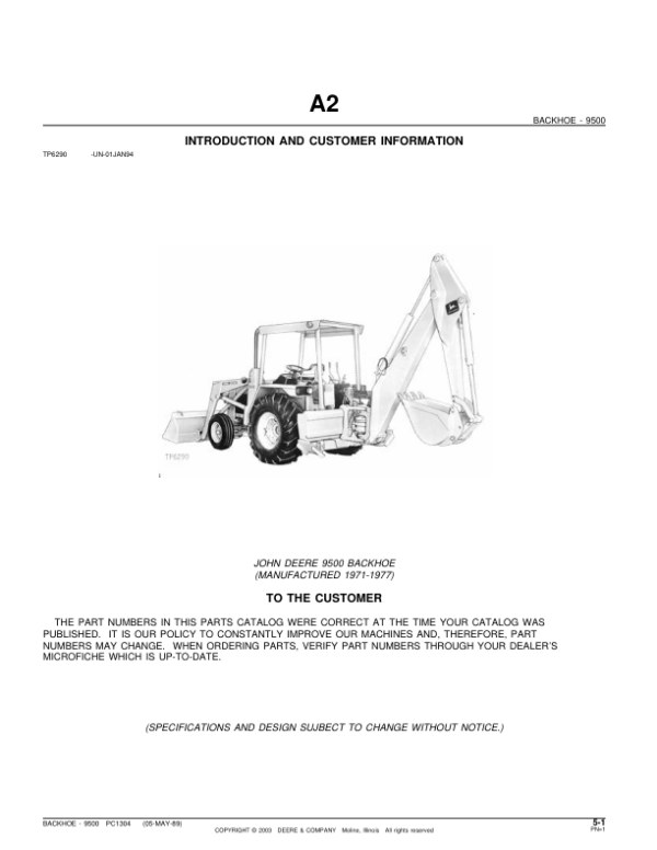 John Deere 9500 Attachments (SN 9500 BACKHOE (YR 1971-1977) Parts Catalog Manual – PC1304
