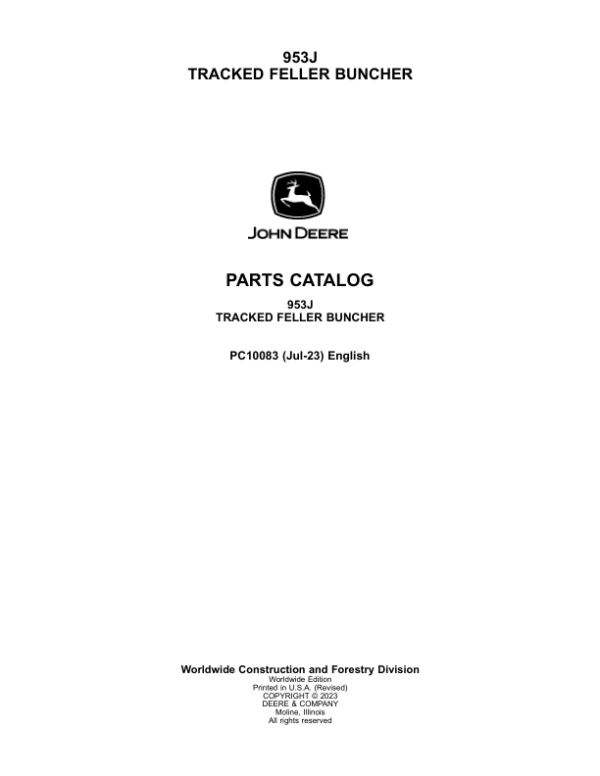 John Deere 953J Tracked Feller Bunchers Parts Catalog Manual – PC10083