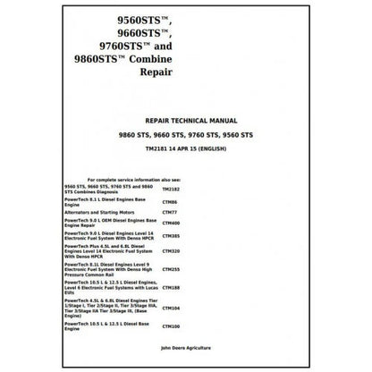 John Deere 9560 STS, 9660 STS, 9760 STS, 9860 STS Combine Service Repair Technical Manual Pdf TM2181