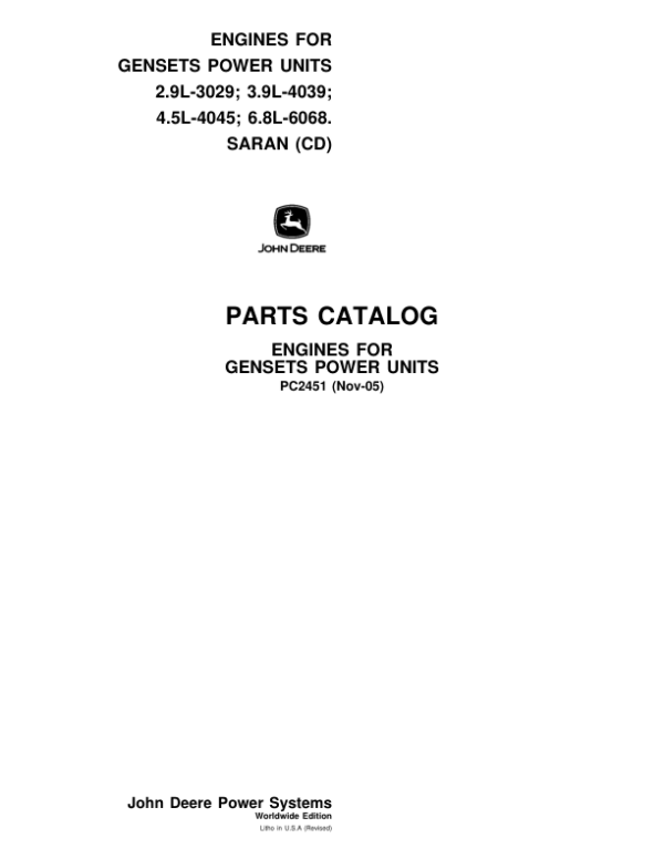 John Deere Engines for Gensets Power Units Engines Parts Catalog Manual – PC2451