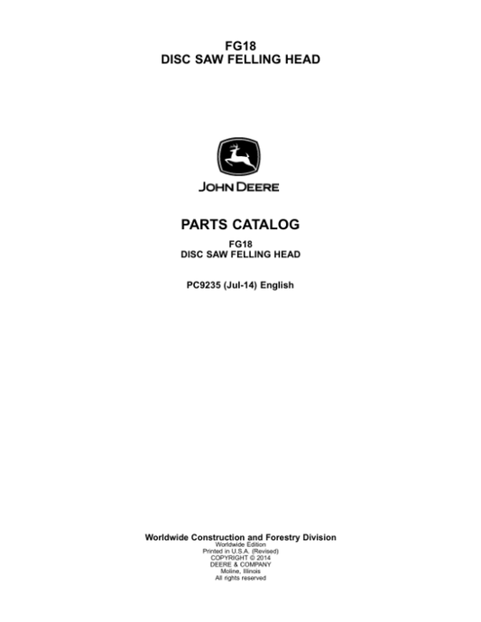 John Deere FG18 Felling Heads Parts Catalog Manual – PC9235