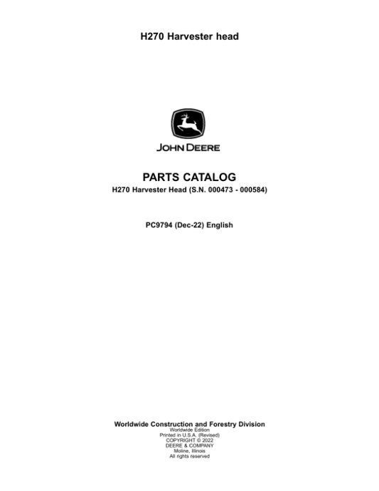 John Deere H270 Harvesting Heads (SN 000473-) Parts Catalog Manual – PC9794